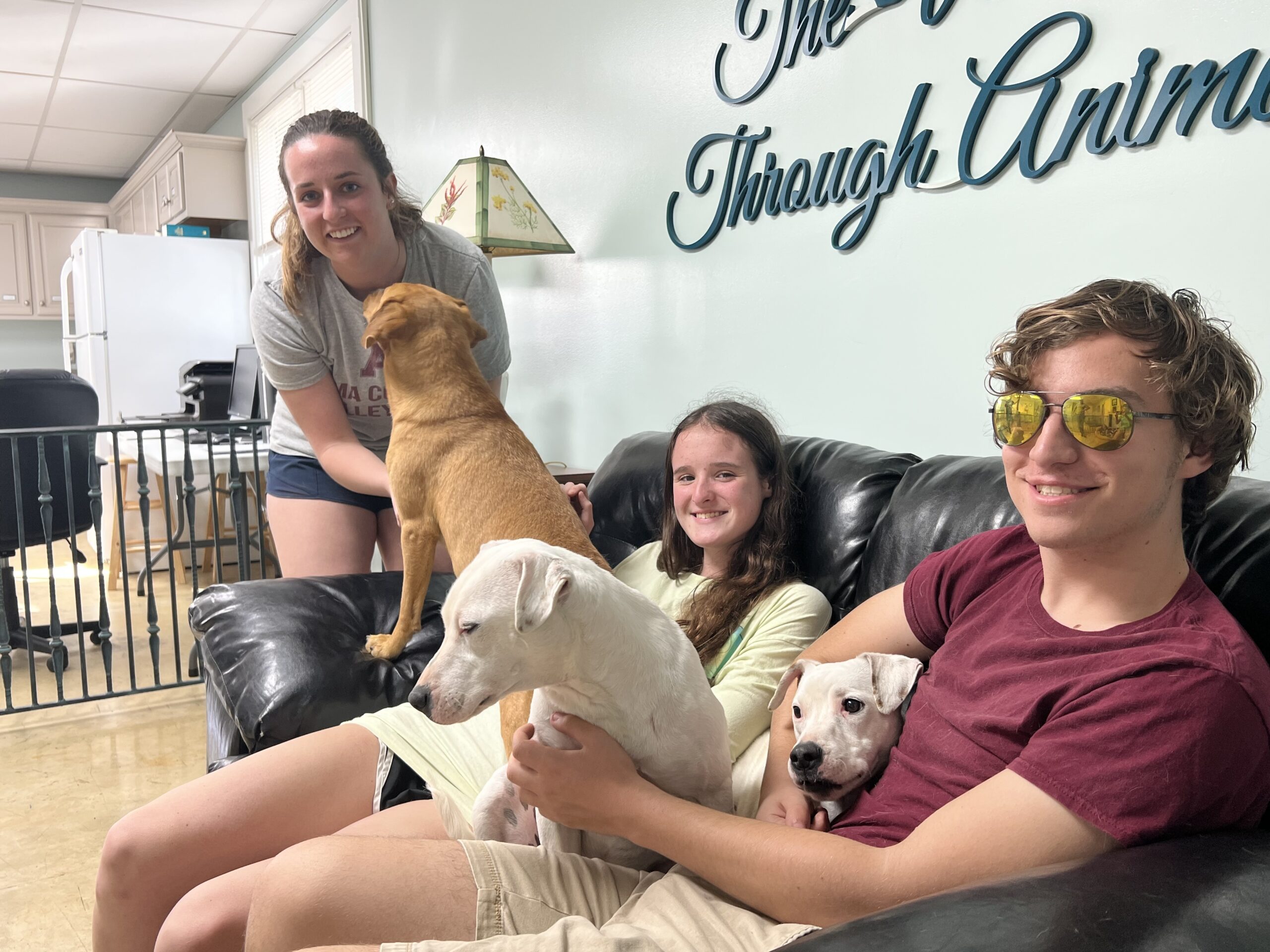 Two students sitting on a black leather couch petting and snuggling two dogs with one dog standing on the arm of the couch and moving towards a student who is standing at the side of the couch while working with animals during an alternative break.