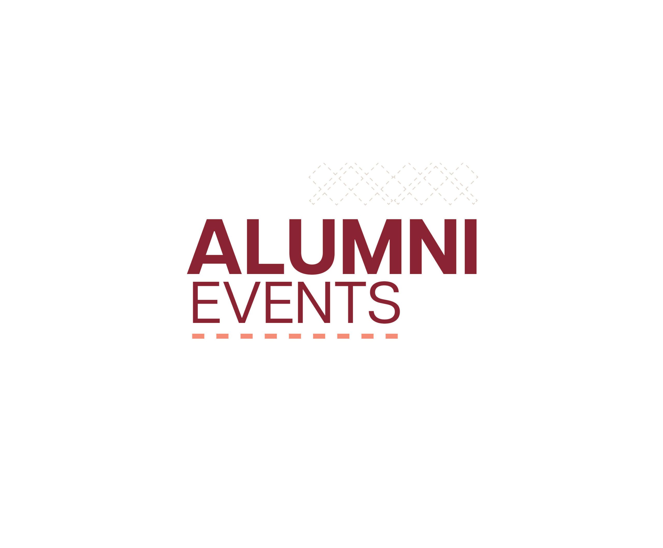 Alumni events graphic, stylized with larger alumni word on top and smaller events word on bottom
