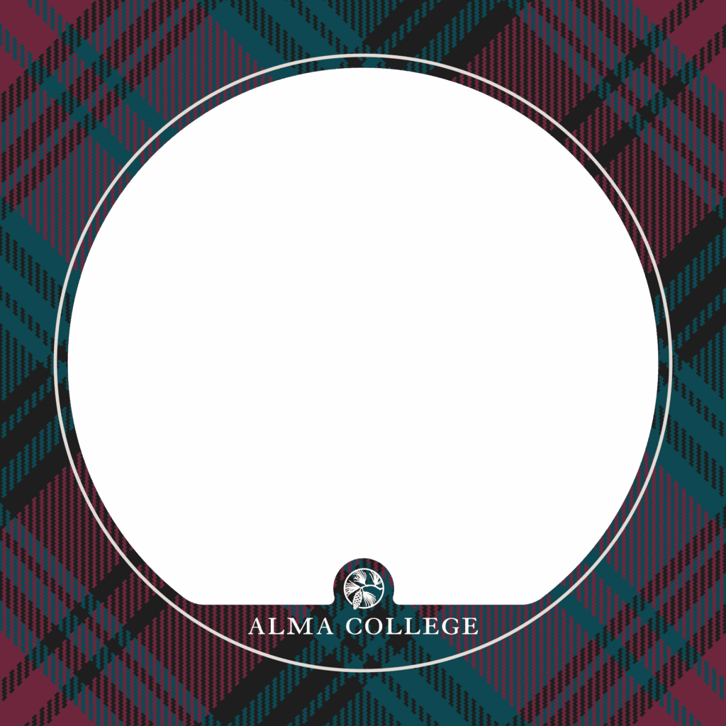Social Media profile picture frame for use by Alma College fans, It has the Maroon and Teal tartan with a transparent circle in the center