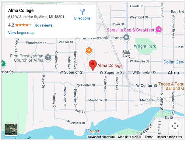 Google Map image of Alma College and the surrounding area.