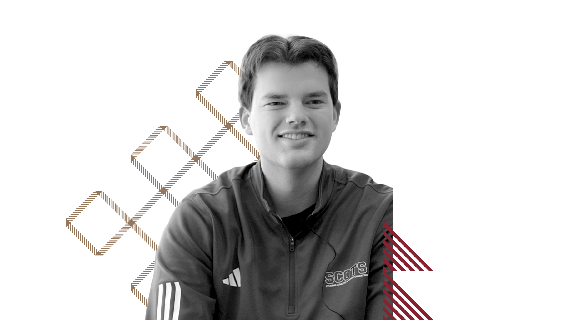 A grayscale image of a young adult male in a college sweatshirt.