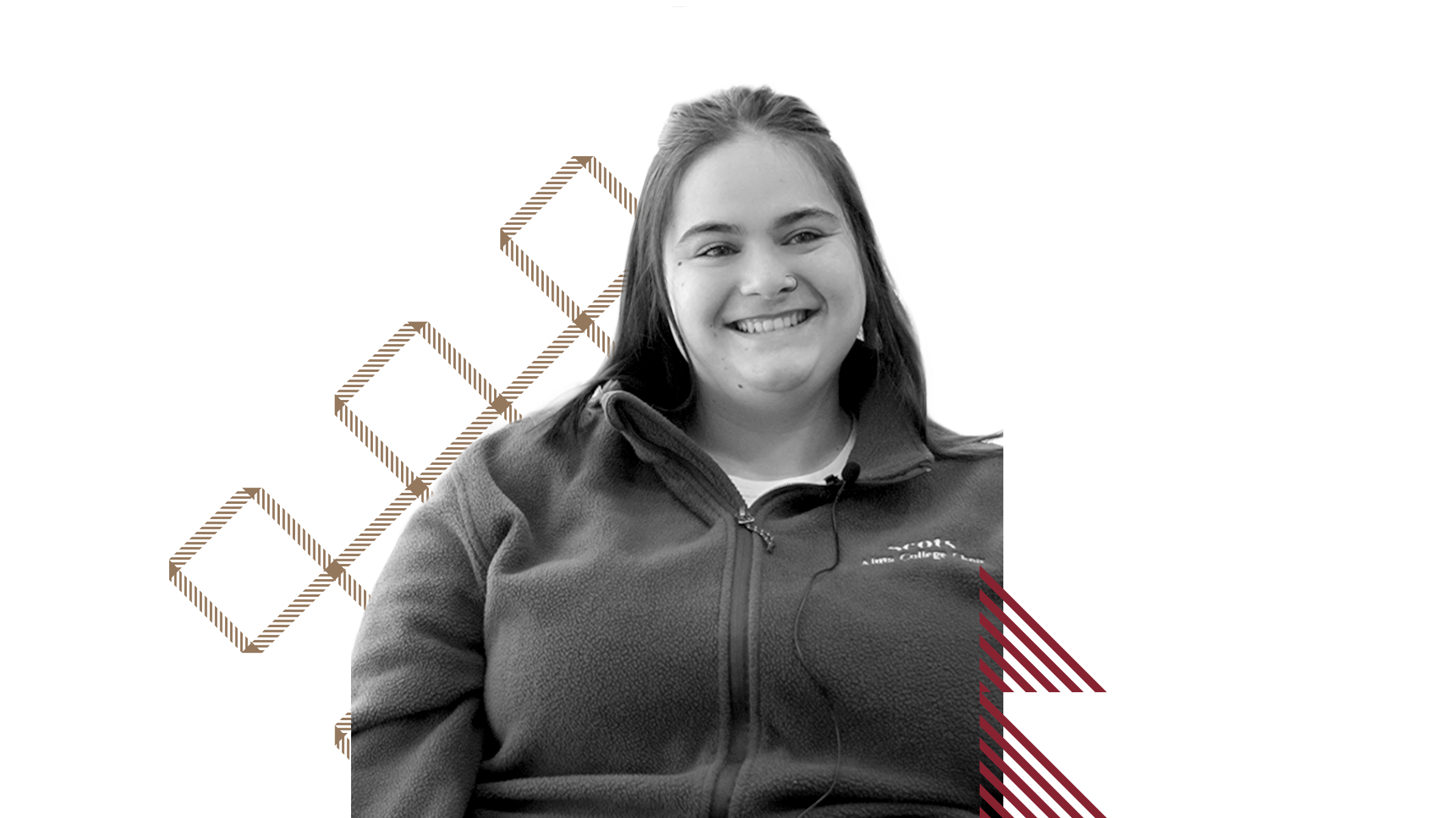 A grayscale image of a young adult female in a college sweatshirt.