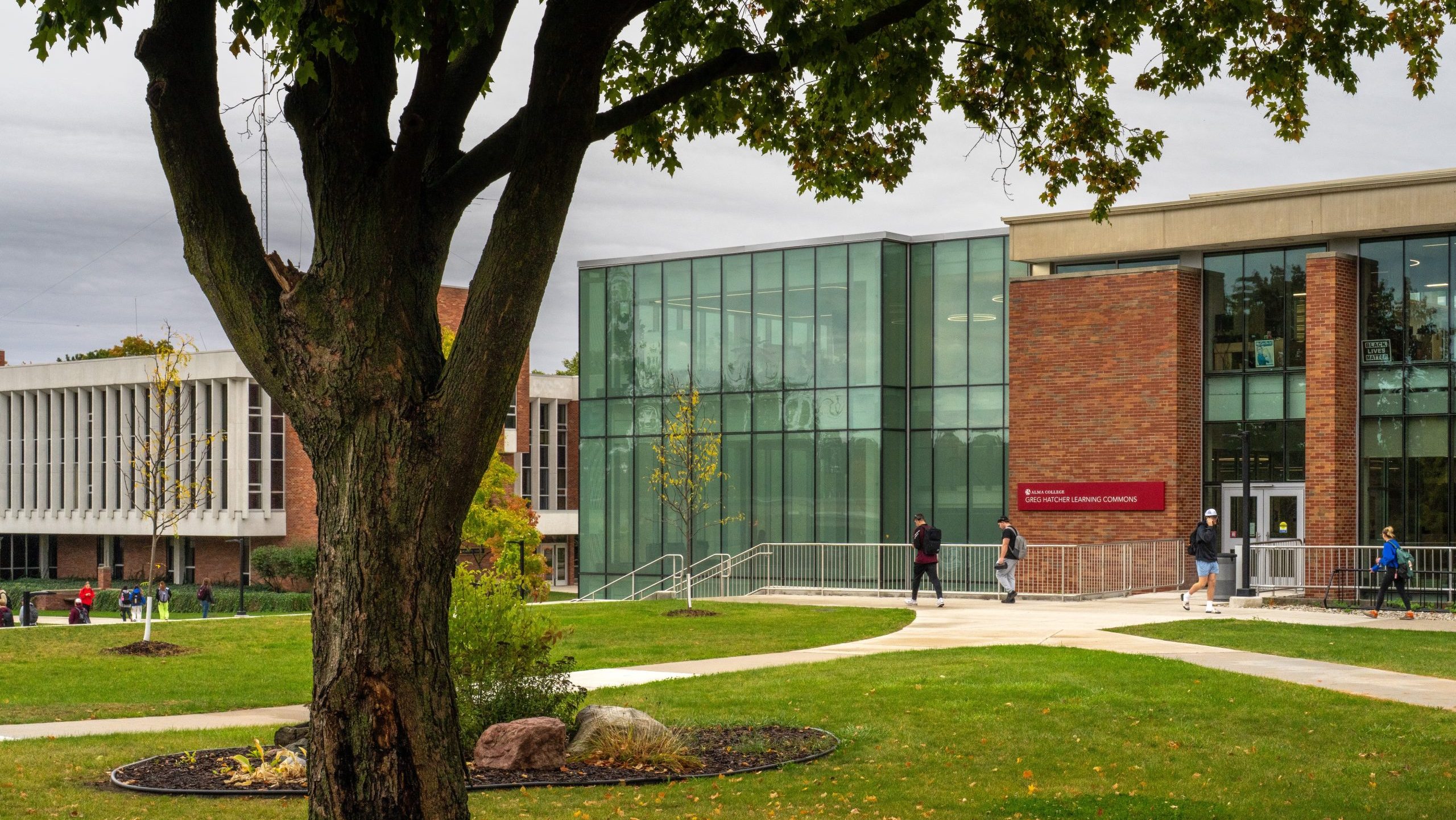 A university campus scene with students walking near a modern glass and brick building, green lawns, trees, and cloudy skies. A large tree is in the foreground, partially framing the view of the campus.