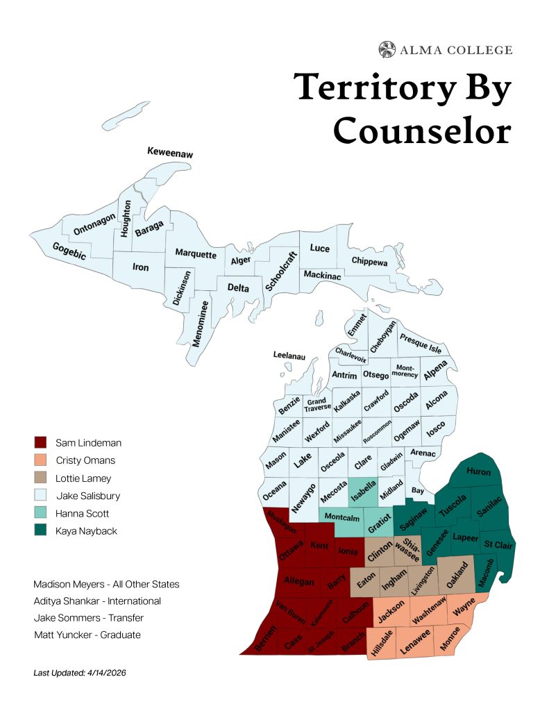 Territory map for Alma College admissions counselors: Michigan counties color-coded by counselor. Legend includes Sam Lindeman, Cristy Omans, Lottie Larney, Jake Salisbury, Hanna Scott, and Kaiya Nayback. Updated April 14, 2026.