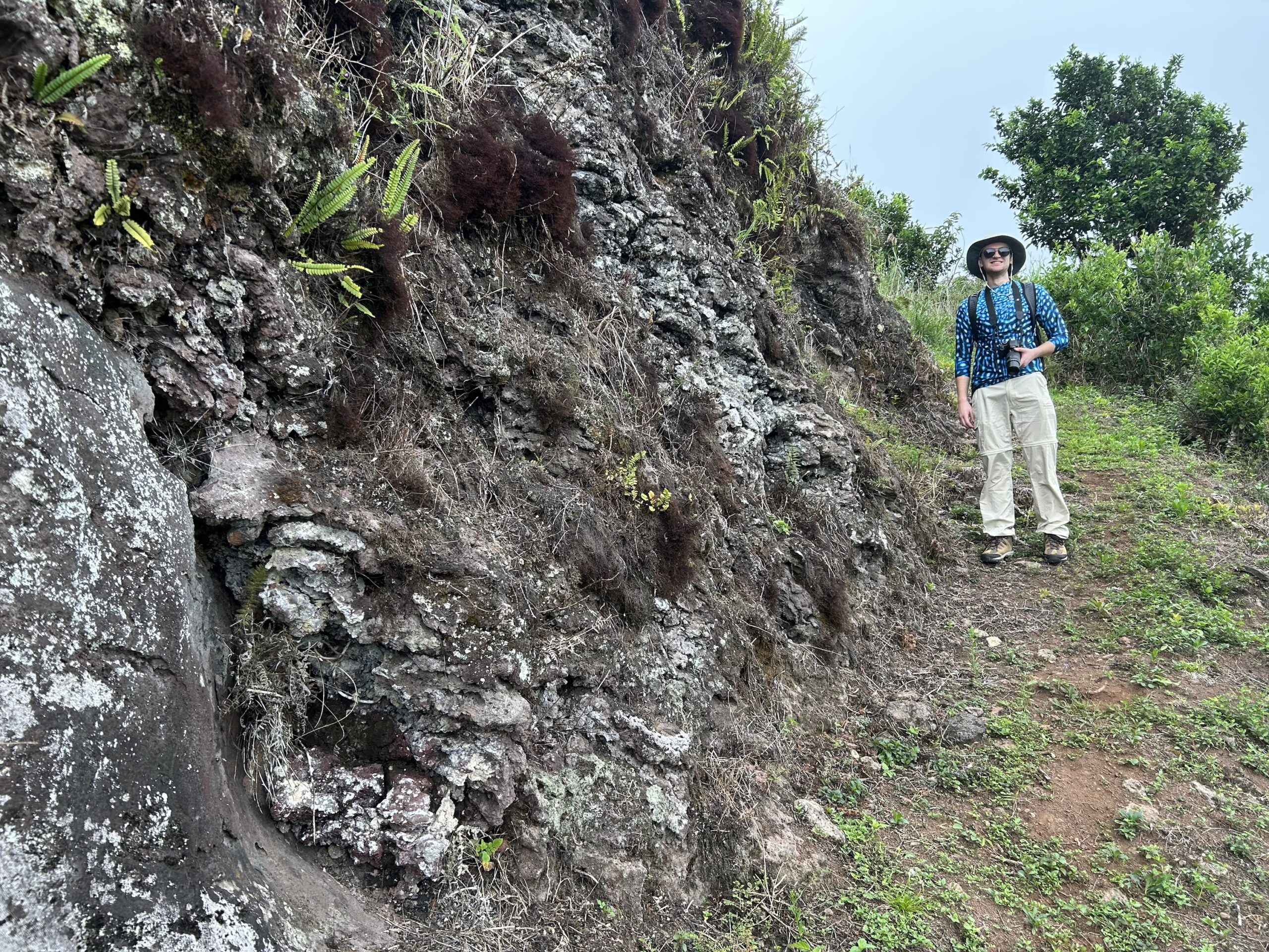 A person wearing a sunhat, sunglasses, blue shirt, and khaki pants stands on a rocky, grassy hiking trail beside a steep, rugged slope with ferns and shrubs growing from the rocks.