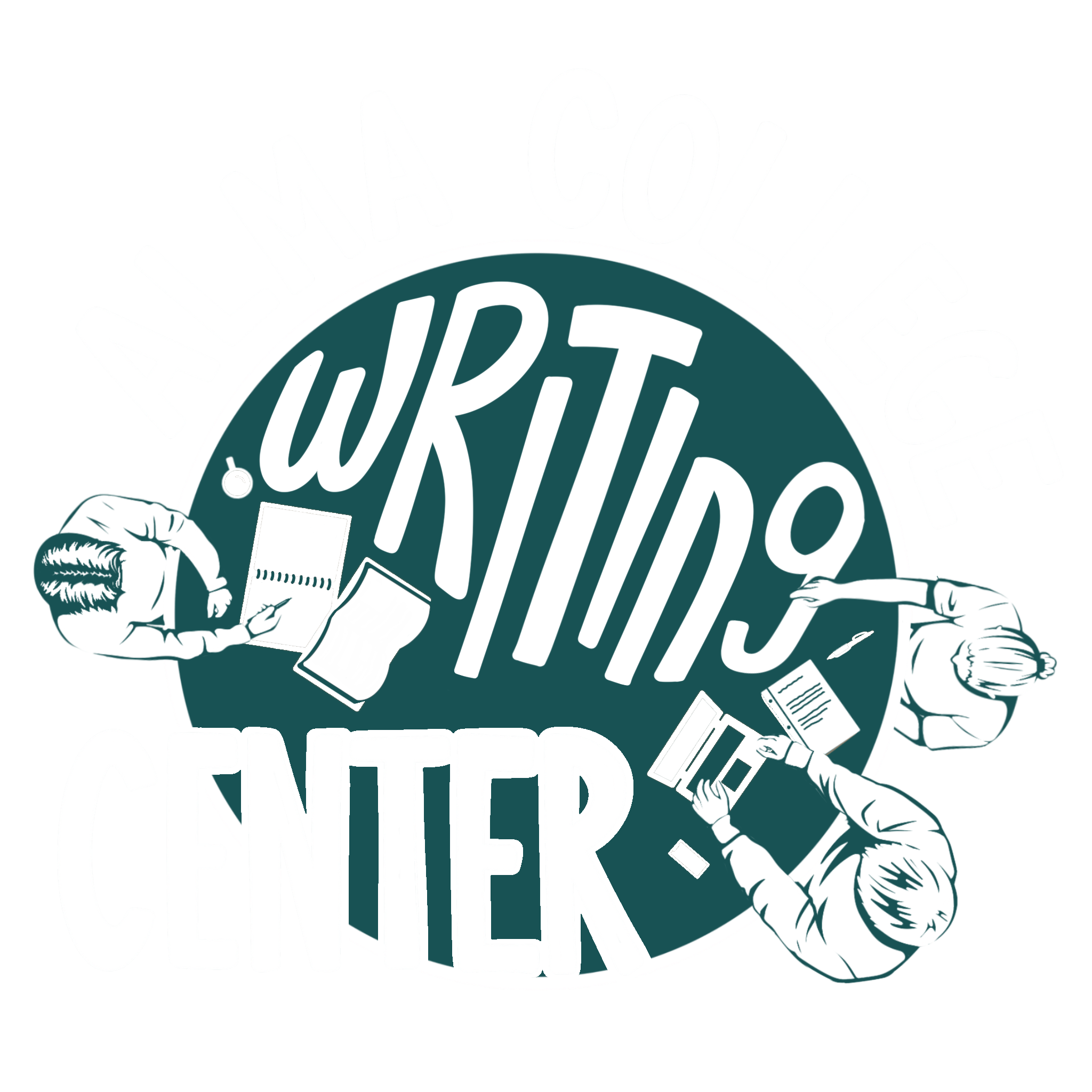 Logo for Writing Center Alma College featuring three illustrated people writing, typing, and reading around a dark green circle with “Writing” in bold script and “Alma College Center” in block letters surrounding the design.