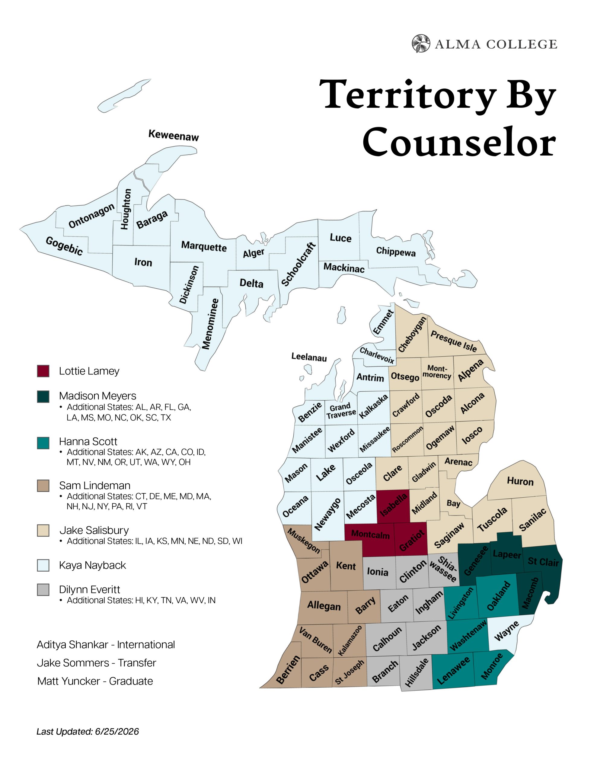 A color-coded map of Michigan shows Alma College counselor territories by county, with a legend listing counselor names and the states or regions they cover. Easily connect with your admissions representative using this Territory By Counselor map dated 6/25/2026.