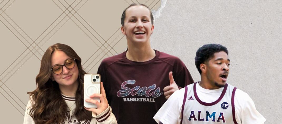 Three college students in Alma College apparel: a woman taking a selfie in a cream sweatshirt, a tall woman in a maroon basketball shirt smiling, and a man in a white basketball uniform holding a basketball—ready to connect-and-visit campus.