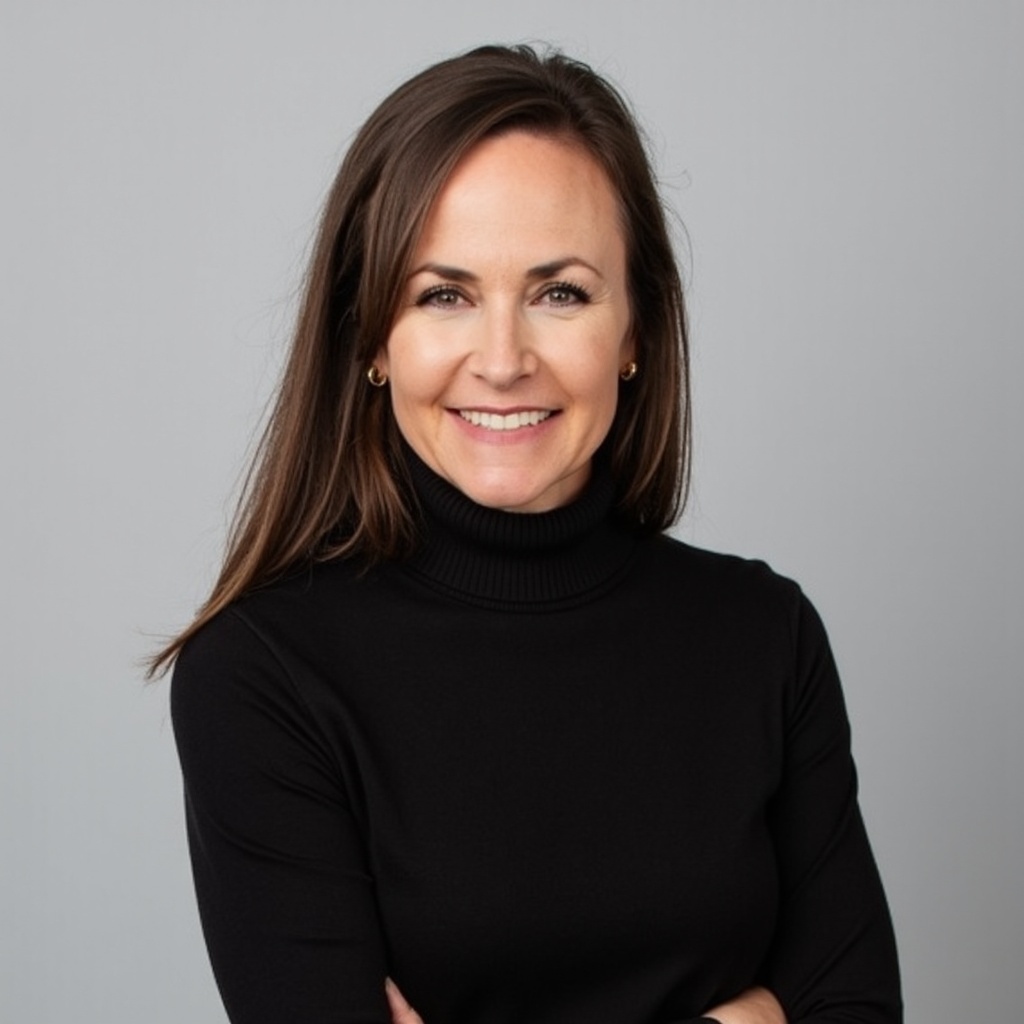 Smiling woman with long brown hair wearing a black turtleneck, standing against a plain light gray background with arms crossed, embodying the confidence and professionalism often seen among trustees.