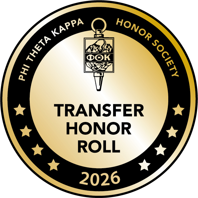 Gold circular Phi Theta Kappa Honor Society badge with a key symbol, stars, and the text TRANSFER HONOR ROLL 2026 in the center.