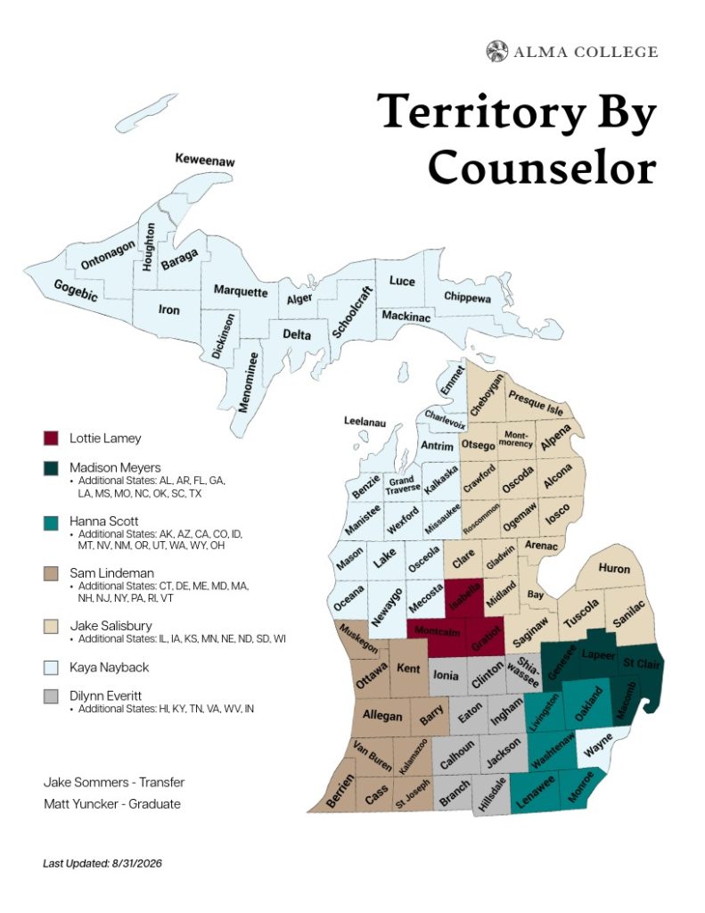 Map of Michigan showing counselor territories for Alma College, color-coded by counselor, with surrounding states listed for each. Counties are labeled; legend and Alma College logo are included. Last updated 8/31/2026. Use this map to connect with your admissions representative and find the right contact for your region.