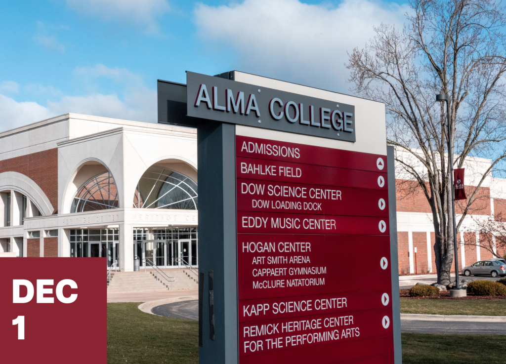 A sign for Alma College lists campus locations with a modern building in the background, highlighting resources for transfer students. A red box in the bottom left corner displays DEC 1. Trees and blue sky are visible.