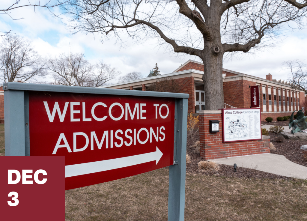 A red and white Welcome to Admissions sign stands outside a college building with leafless trees, inviting new and transfer students alike. A maroon map sign and a red DEC 3 box appear in the foreground.