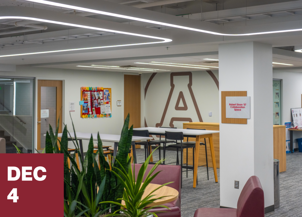 A modern study area with tables, chairs, and plants; a large letter A on the wall symbolizing academic achievement and transfer opportunities; a bulletin board; and a maroon box in the corner with DEC 4 written in white text.