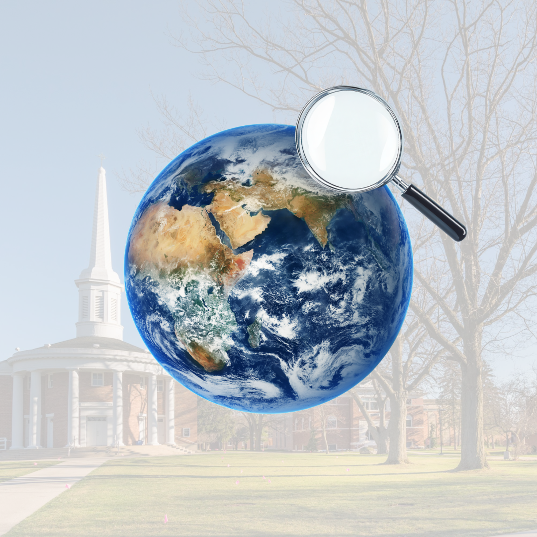 A magnifying glass hovers over a globe centered on Africa and Europe, with a church steeple and trees faintly visible in the background.