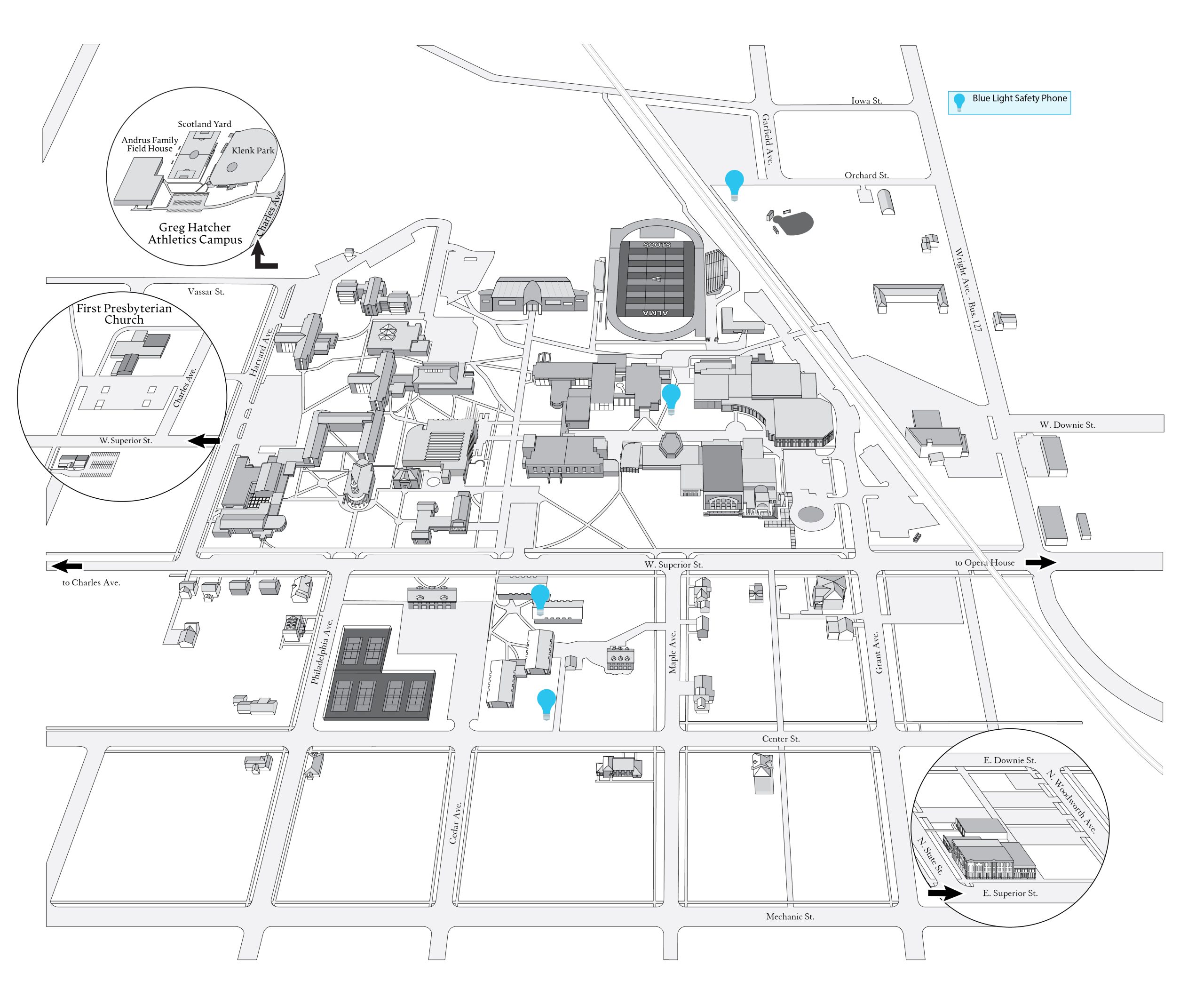 Campus map with building outlines, roads, and blue markers indicating locations Blue light phones for campus-safety.