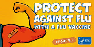 Cartoon of a flexed arm with a bandage. Text reads: Protect against flu with a flu vaccine. Includes CDC and #FightFlu logos on a yellow background.