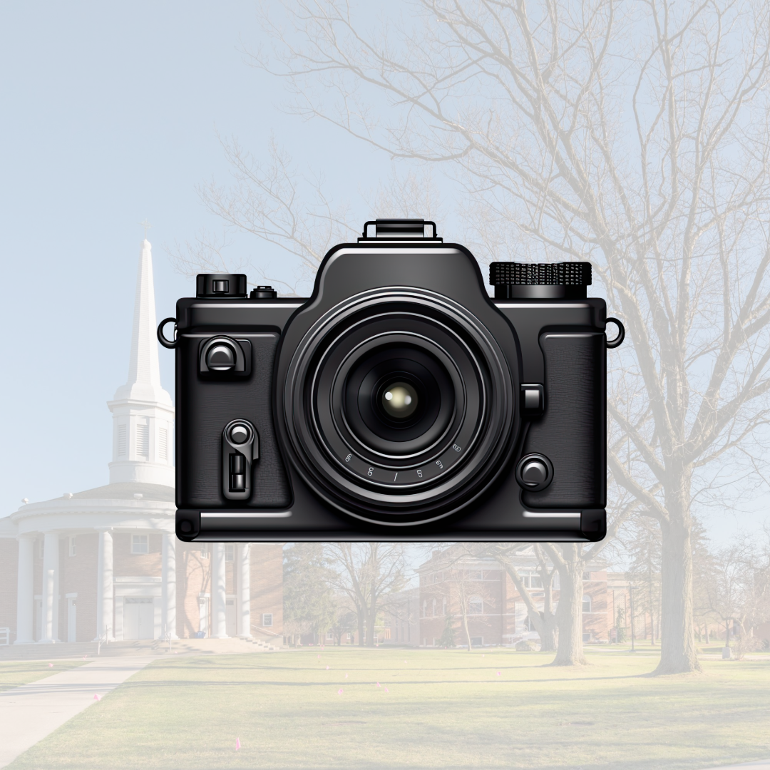 A black camera illustration is centered over a faded background showing a campus with a white church steeple, brick buildings, bare trees, and a grassy lawn.