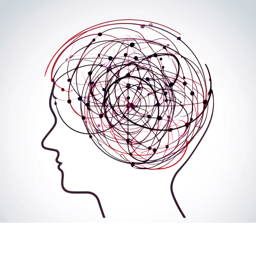 Outline of a human head in profile with tangled, swirling lines and dots inside, representing chaotic or complex thoughts, on a white background.