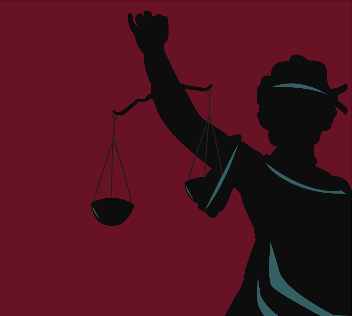Silhouette of Lady Justice holding scales, wearing a blindfold, set against a dark red background.
