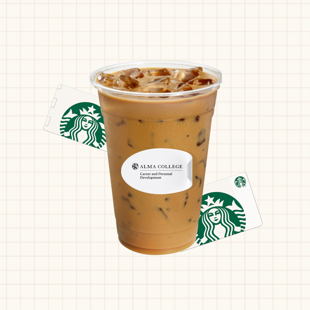 A clear plastic cup of iced coffee with a Starbucks logo sits in front of two Starbucks gift cards, on a light grid-patterned background. The cup features an ALMA COLLEGE Career and Personal Development label.