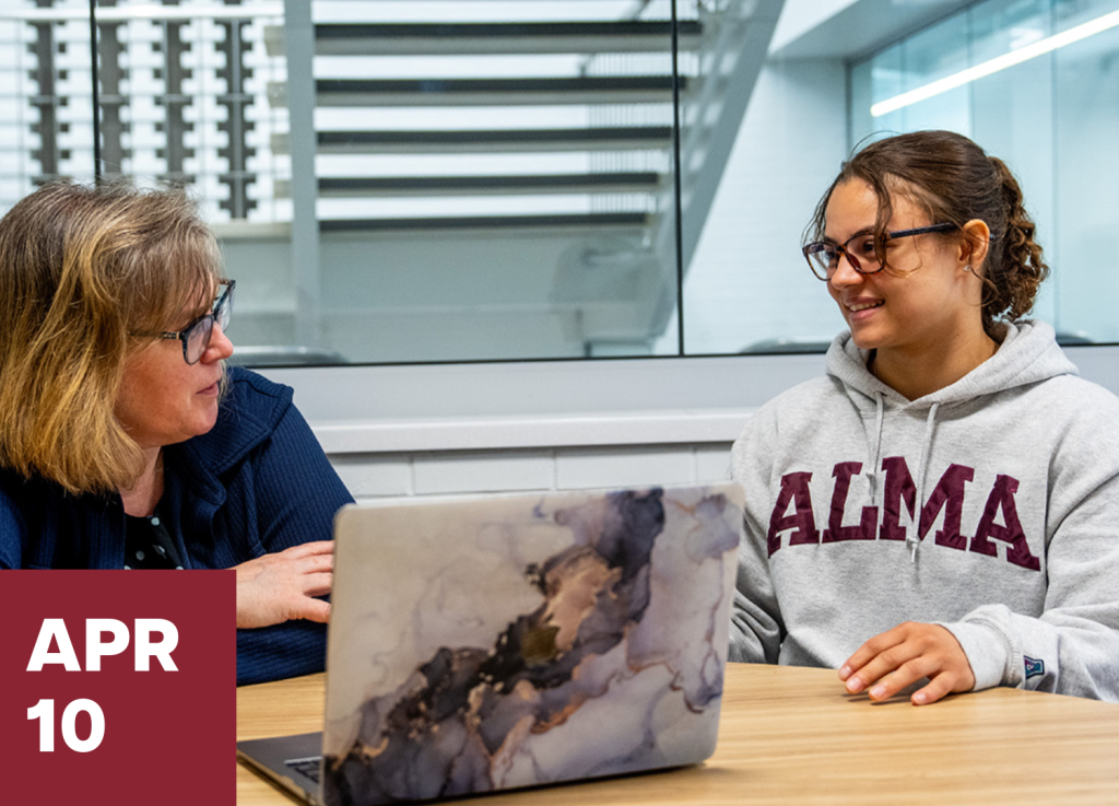 Two women sit at a table, one with a laptop featuring a marble-like case. The younger woman wears glasses and an ALMA hoodie. A red box in the corner reads APR 10, highlighting the perfect opportunity to connect-and-visit in a collaborative setting.