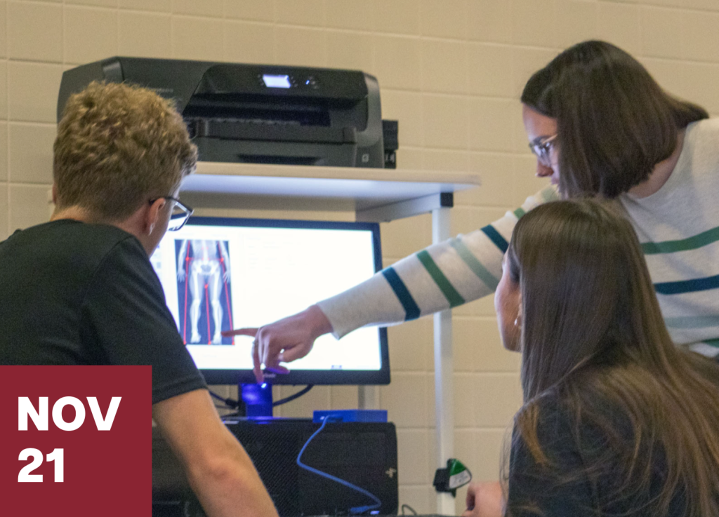 Three people look at a computer screen displaying a medical image, while one person points at the screen. A printer is on a shelf above the monitor. A red box with NOV 21 is in the bottom left corner, suggesting an upcoming connect-and-visit event.