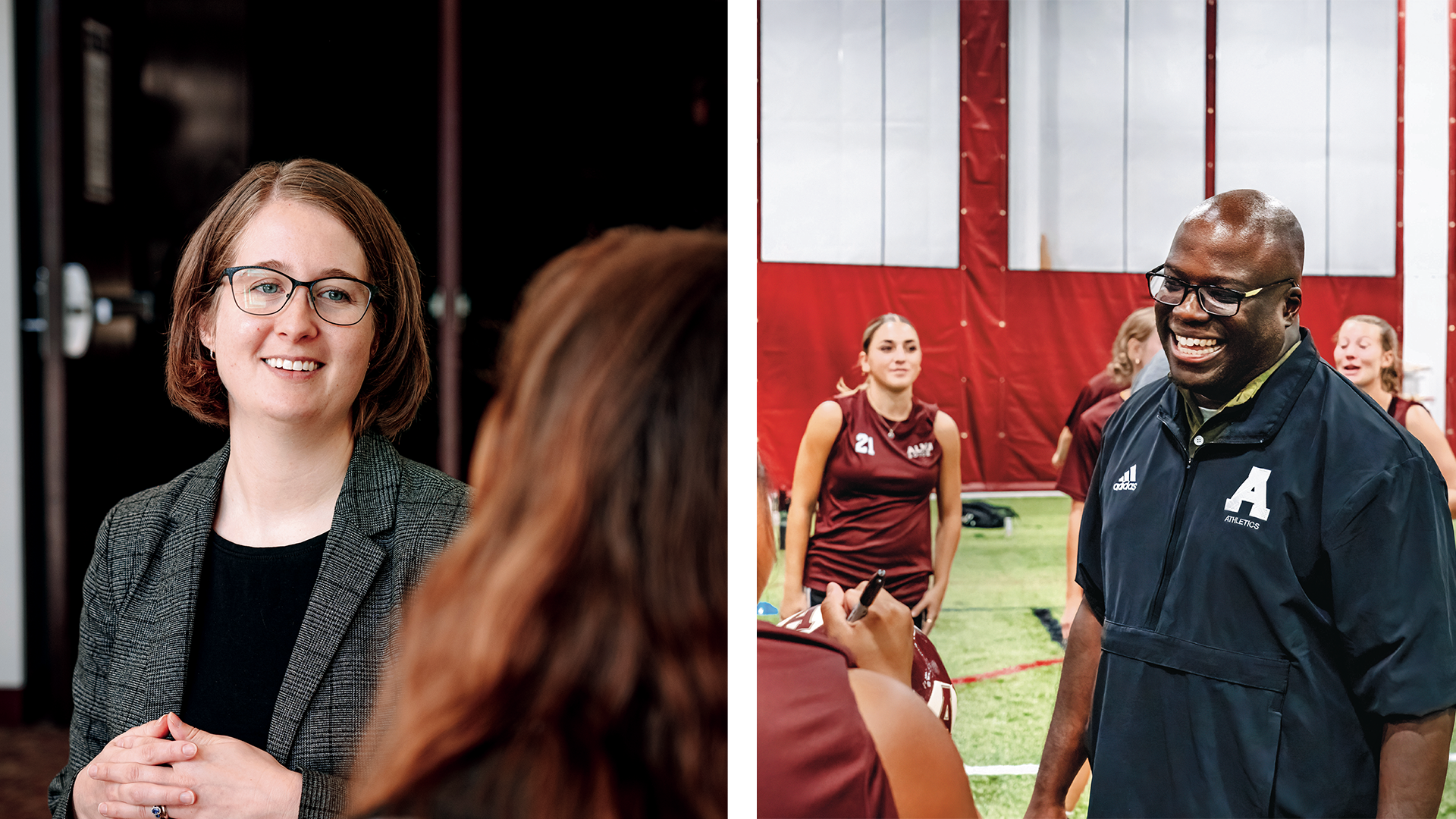 A side-by-side view showing a smiling woman in a blazer speaking with a person, and a smiling man in an Athletics jacket standing with student-athletes on an indoor court, investing in the many facets of our community.