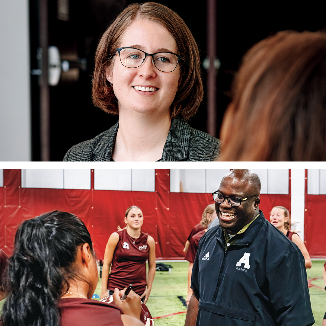 A composite image showing a woman in glasses smiling during a conversation, and a smiling man in a tartan Athletics jacket coaching a group of female athletes in a gym.
