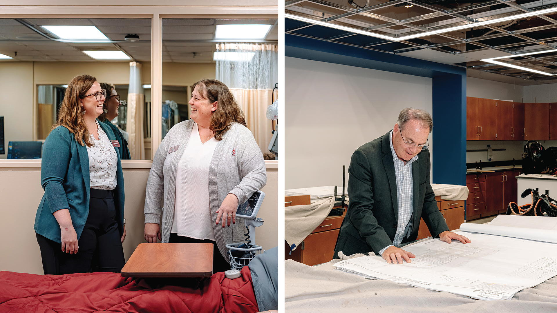 Two women talking in a medical exam room and a man reviewing architectural plans for state-of-the-art labs at a large table.